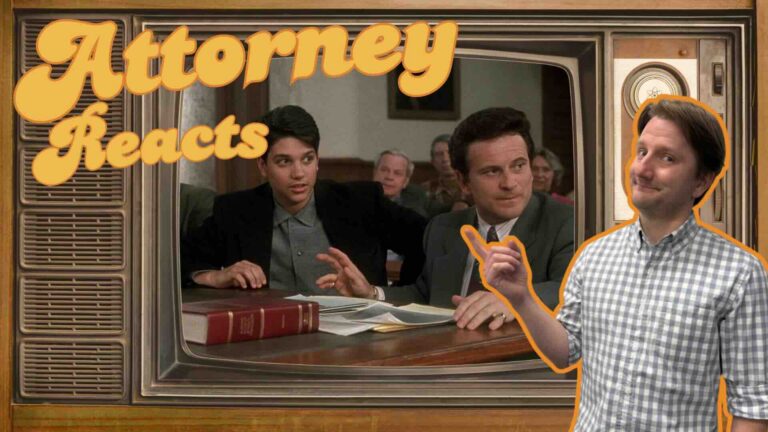 Old television showing a scene from My Cousin Vinny with overlay text “Attorney Reacts” and Daniel Stark Attorney Sean Szlachtowski | Daniel Stark Injury Lawyers