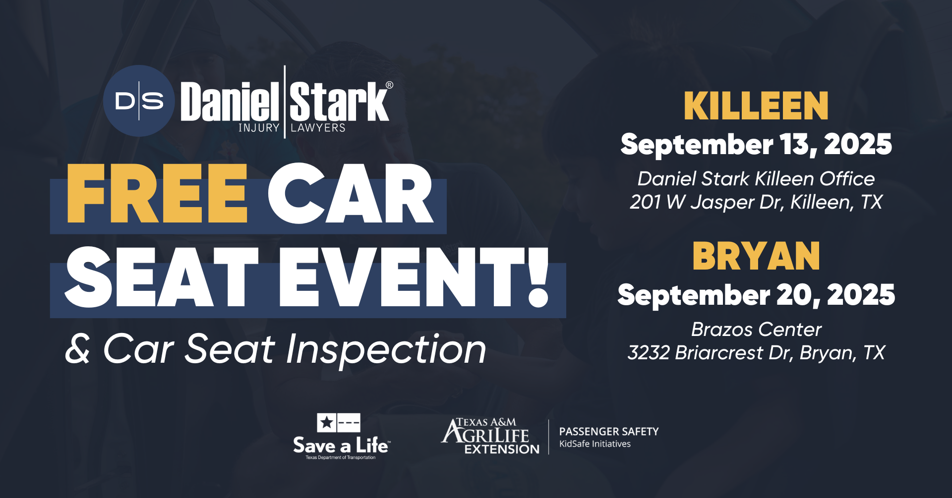 Daniel Stark Injury Lawyers flyer for Free Car Seat Safety Event