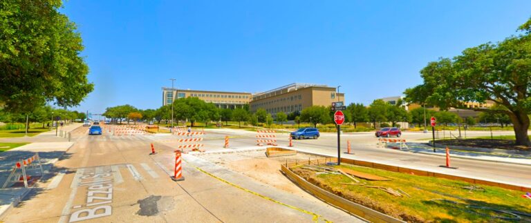 Google Maps view of a crosswalk under construction at Texas A&M University, showing temporary barriers and construction equipment. This location was the site of a pedestrian being hit | Daniel Stark Injury Lawyers