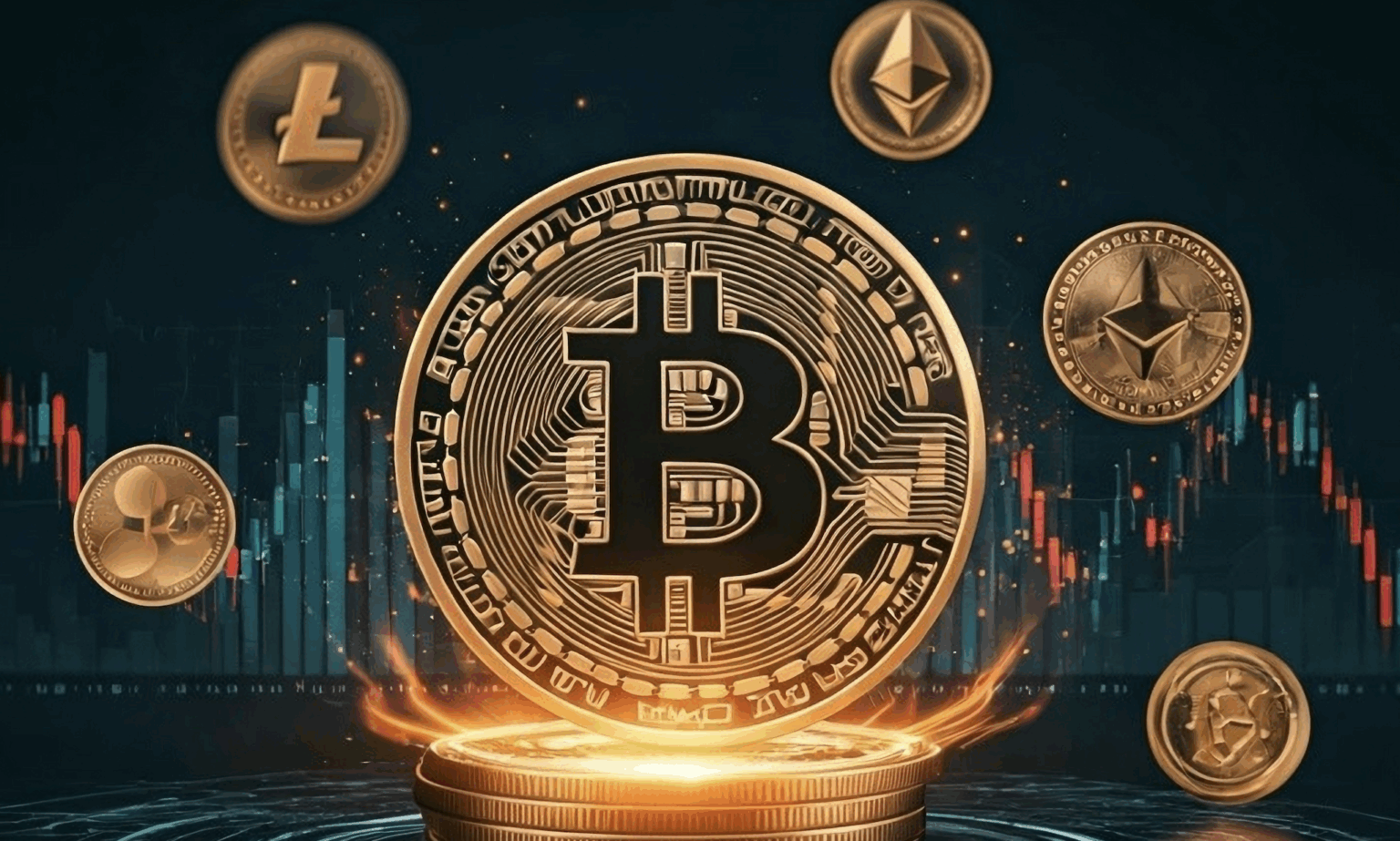 Computer graphic image of a large bitcoin surrounded by smaller alt coins with a valuation chart in the background | Daniel Stark Law