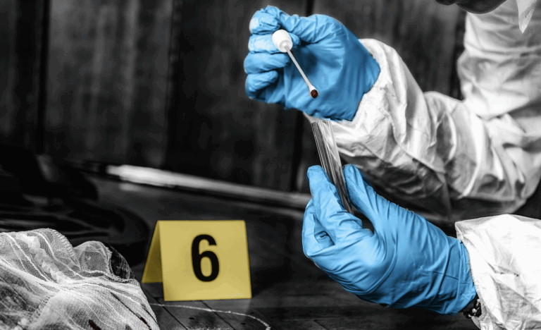 Forensic analyst swabbing blood at a crime scene with evidence tent number visible in the background | Daniel Stark Law