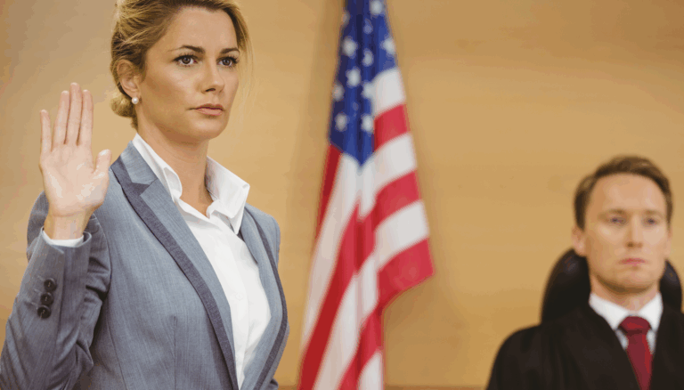 Female witness in a grey suit in courtroom taking an oath to tell the truth before a judge | Daniel Stark Law