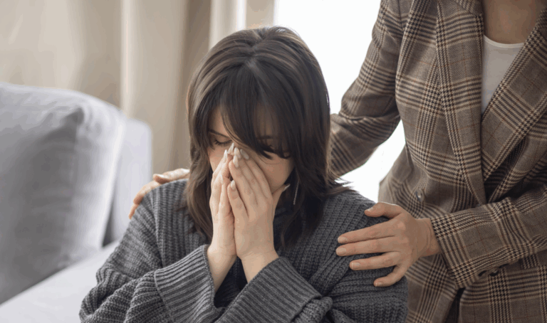 A woman sits with her face in her hands as her attorney offers support during a legal consultation in a Texas law office | Daniel Stark Injury Lawyers