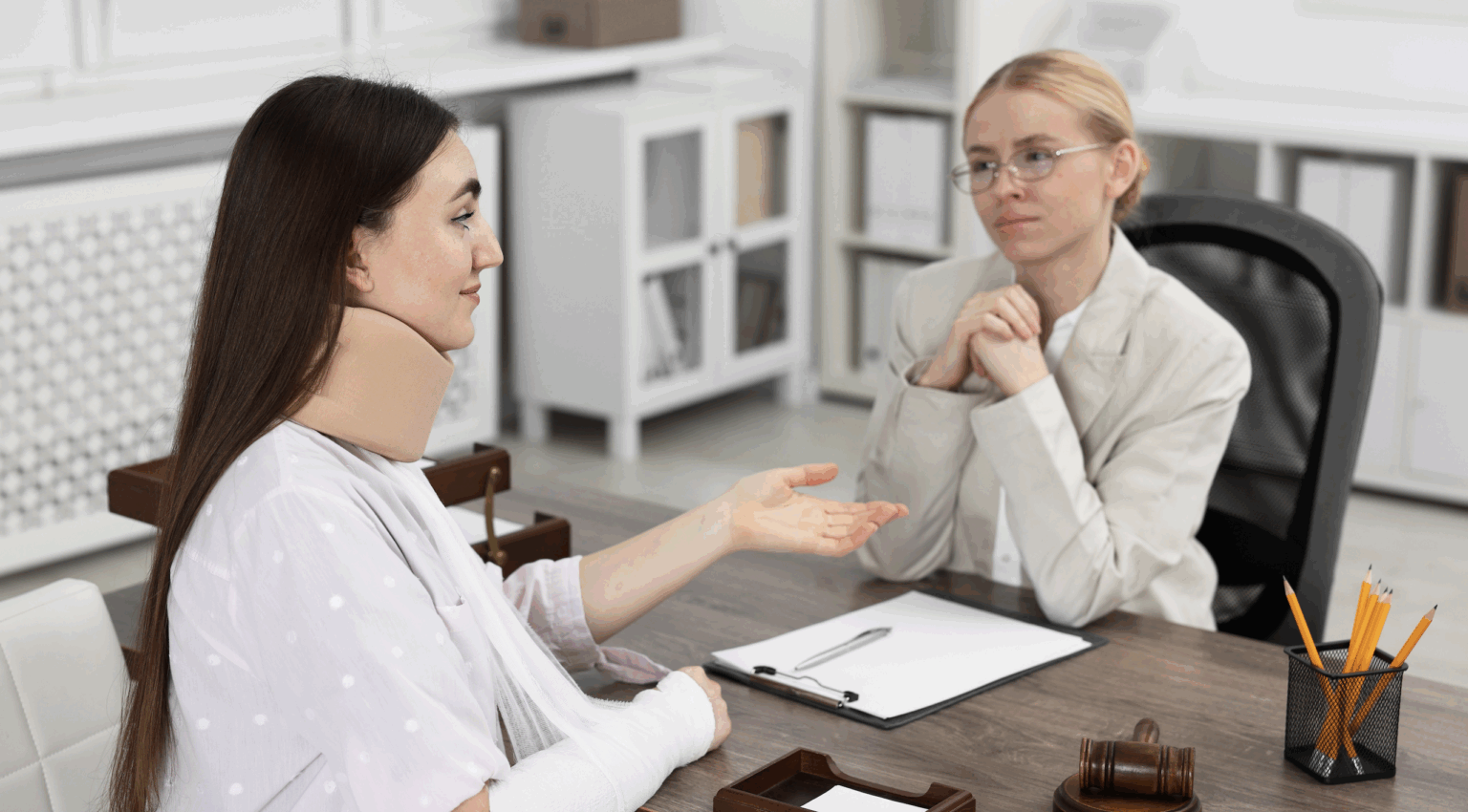 Dark-haired woman in a neck brace and arm cast meeting with an attorney in a bright, modern office | Daniel Stark Injury Lawyers