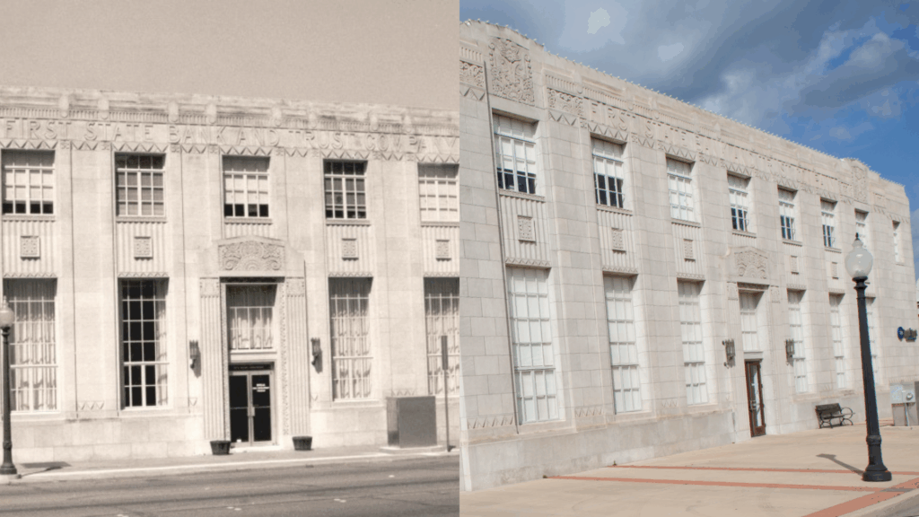 First State Bank & Trust Co. exterior historical photo compared side-by-side to renovated Daniel Stark Bryan office | Daniel Stark Injury Lawyers