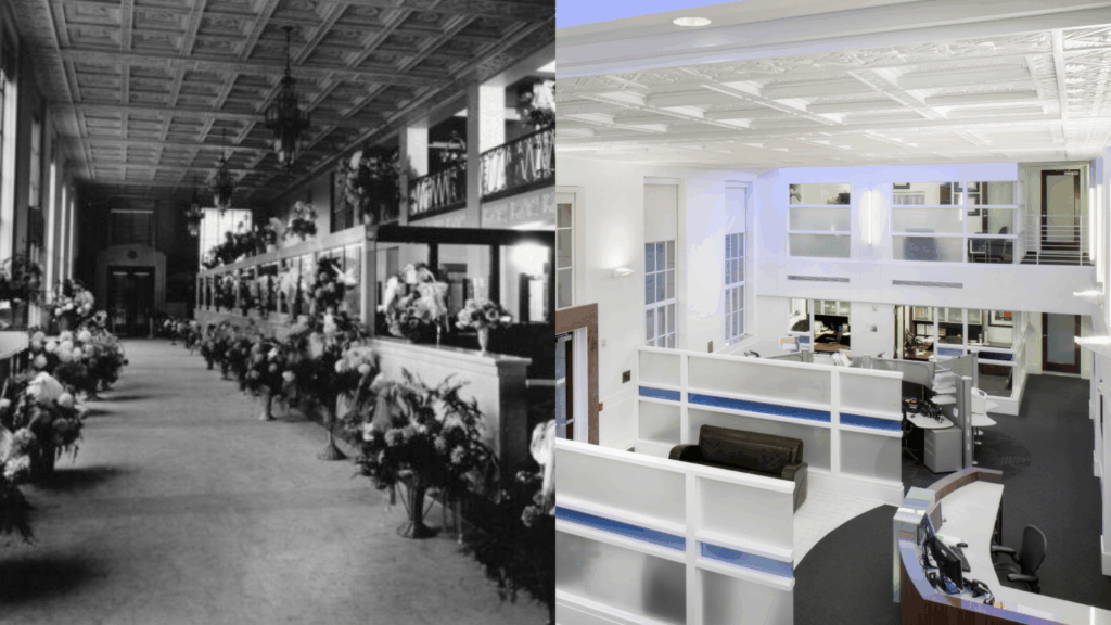 First State Bank & Trust Co. interior historical photo compared side-by-side to renovated interior Daniel Stark Bryan office | Daniel Stark Injury Lawyers