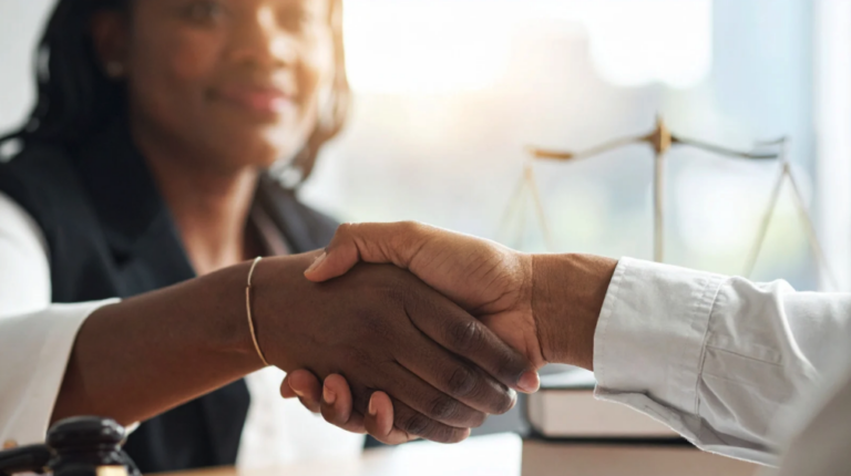 Attorney and client sealing a meeting with a handshake in a professional office | Daniel Stark Injury Lawyers