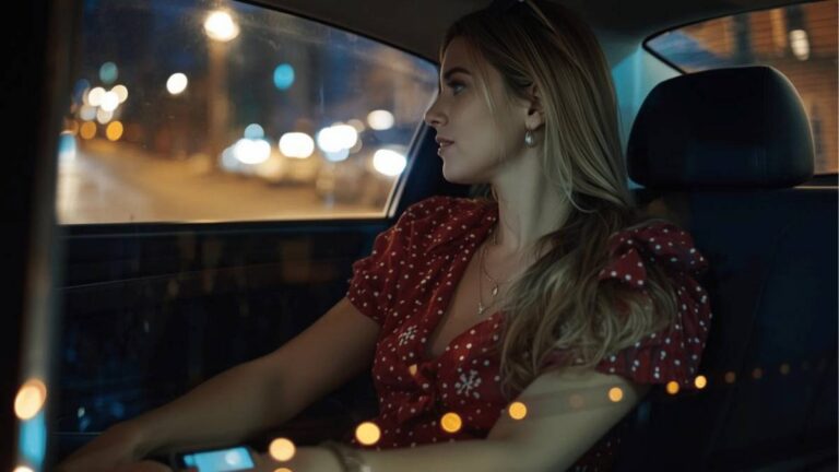 Woman wearing a holiday dress sitting in the back seat of a rideshare vehicle, looking out the window | Daniel Stark Injury Lawyers