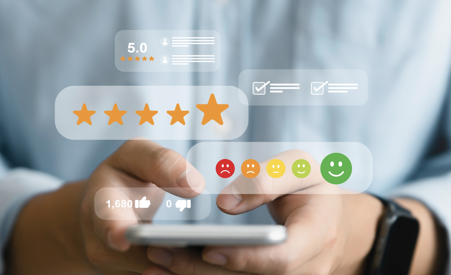 Online reputation and client feedback illustrated through floating digital icons | Daniel Stark Injury Lawyers