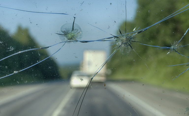 Interior vehicle view showing a cracked windshield obstructing the driverโs line of sight, with traffic ahead out of focus | Daniel Stark Injury Lawyers