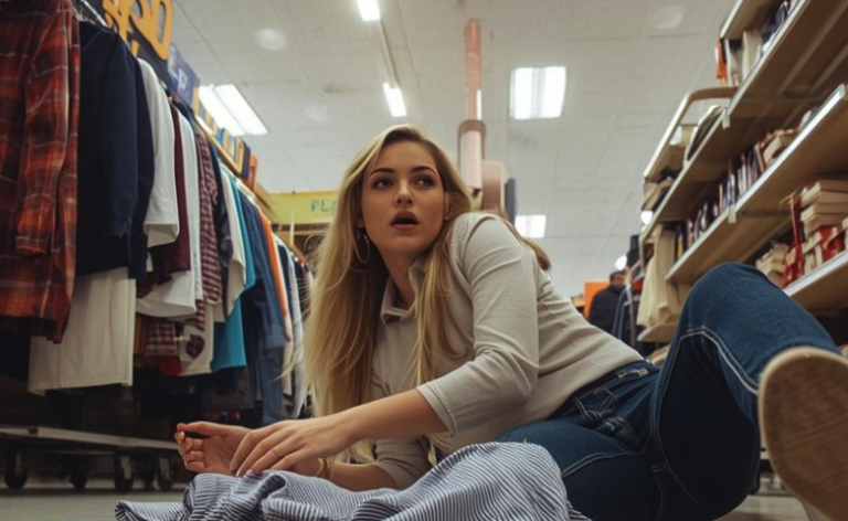 Customer looking distressed after a slip and fall accident caused by merchandise on the store floor | Daniel Stark Injury Lawyers