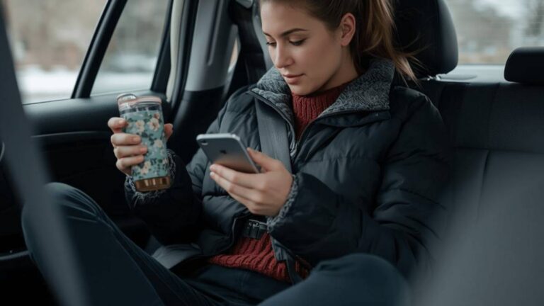 Woman in back seat of car wearing a puffy jacket, sitting cross-legged and holding a tumbler | Daniel Stark Injury Lawyers