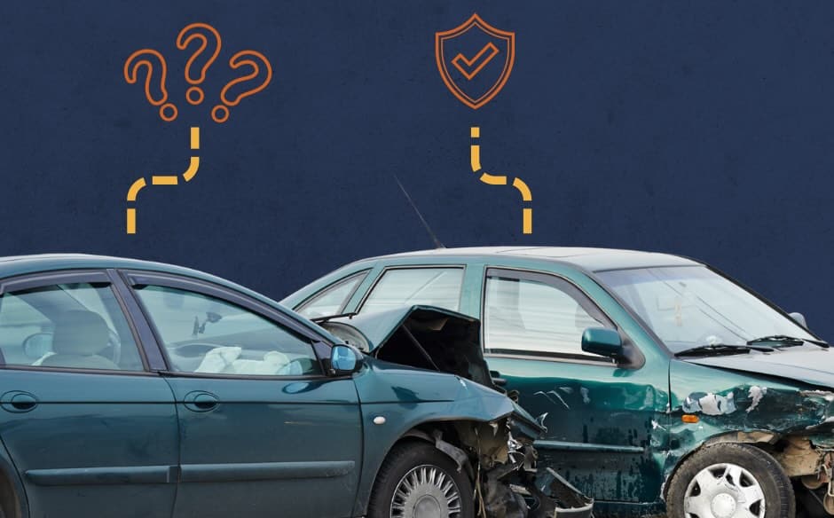 Graphic of a T-bone car accident with a shield above one vehicle and question marks above the other, illustrating uninsured and underinsured motorist coverage | Daniel Stark Injury Lawyers