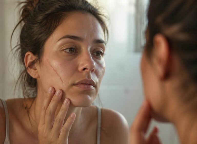 Woman looking at a dog bite scar on her face in the mirror | Daniel Stark Injury Lawyers