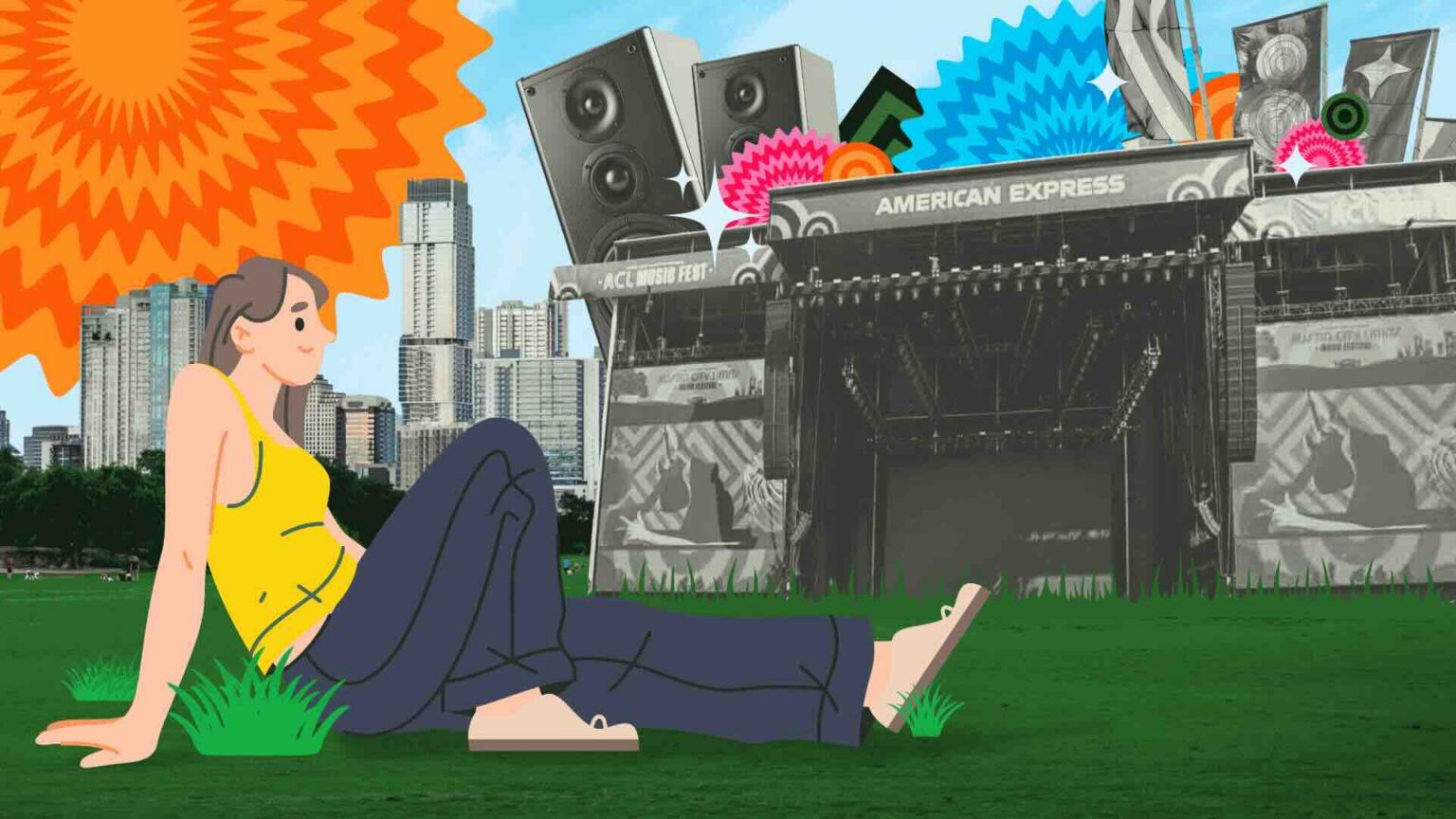 Illustration of festivalgoer sitting on the grass at Austin City Limits in Zilker Park with the Austin skyline and American Express stage in front of her | Daniel Stark Injury Lawyers