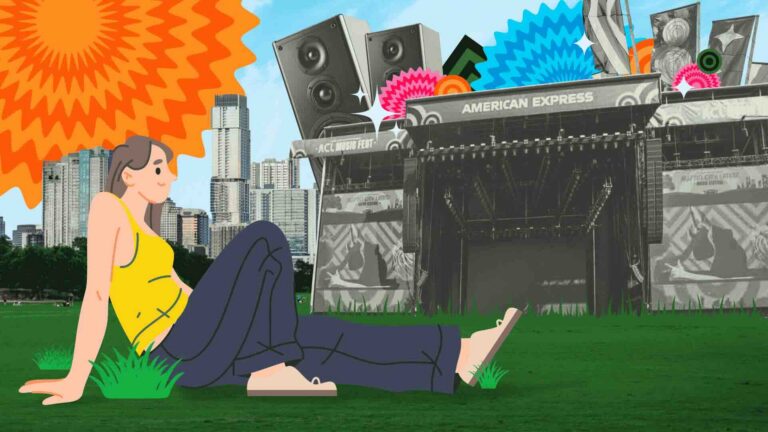 Illustration of festivalgoer sitting on the grass at Austin City Limits in Zilker Park with the Austin skyline and American Express stage in front of her | Daniel Stark Injury Lawyers